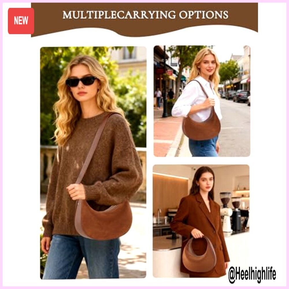 Faux Suede Hobo Bag Crossbody Shoulder Tote Vintage Retro Chic Adjustable Strap - Picture 2 of 7
